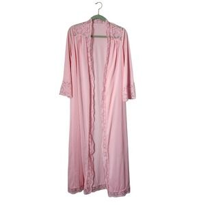 OLGA Vintage 70s Pink Nylon Lace Trim Long Robe Peignoir Robe S